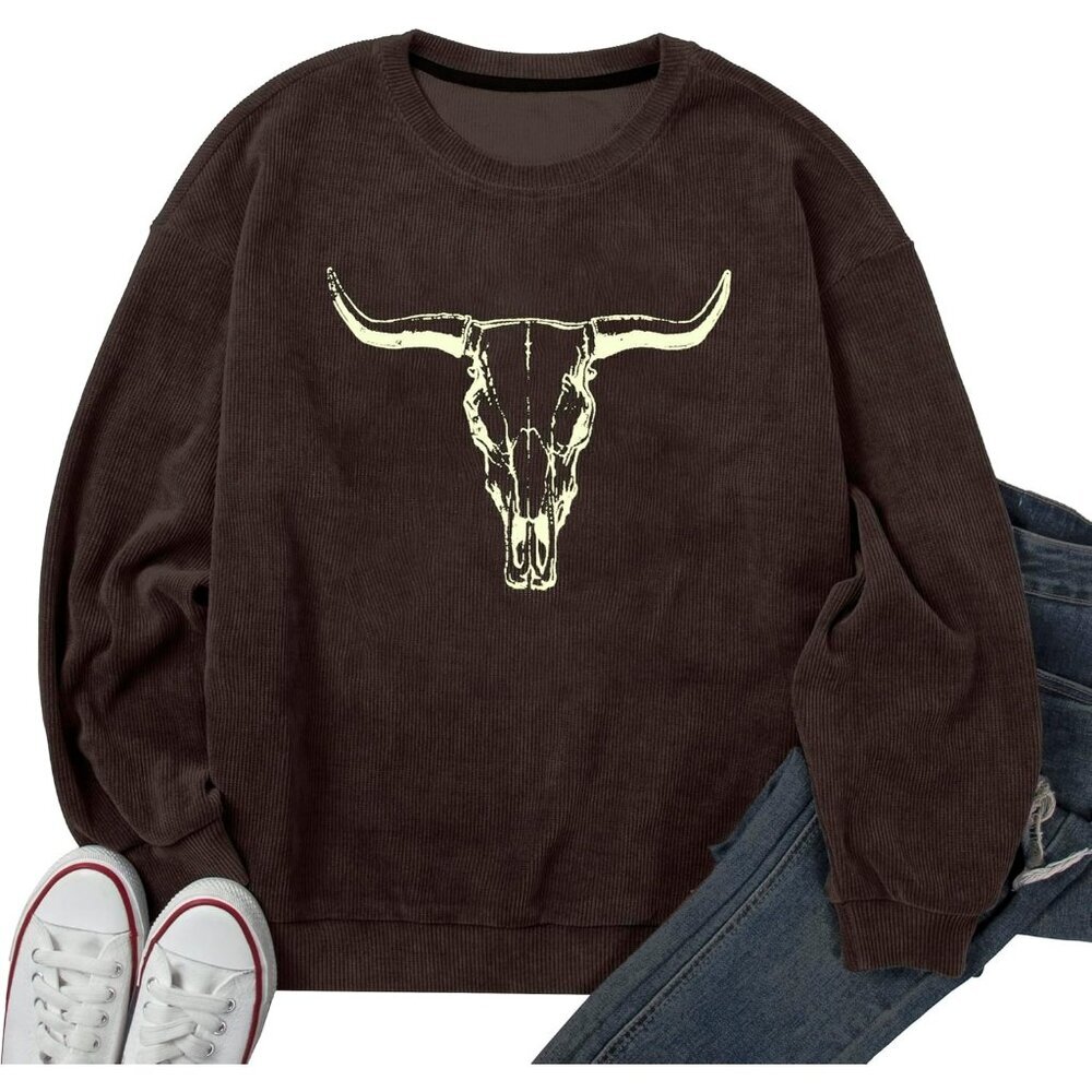 Women's Brown Cow Skull Rodeo Western Country Nashville Graphic Pullover Tops - Picture 6 of 6